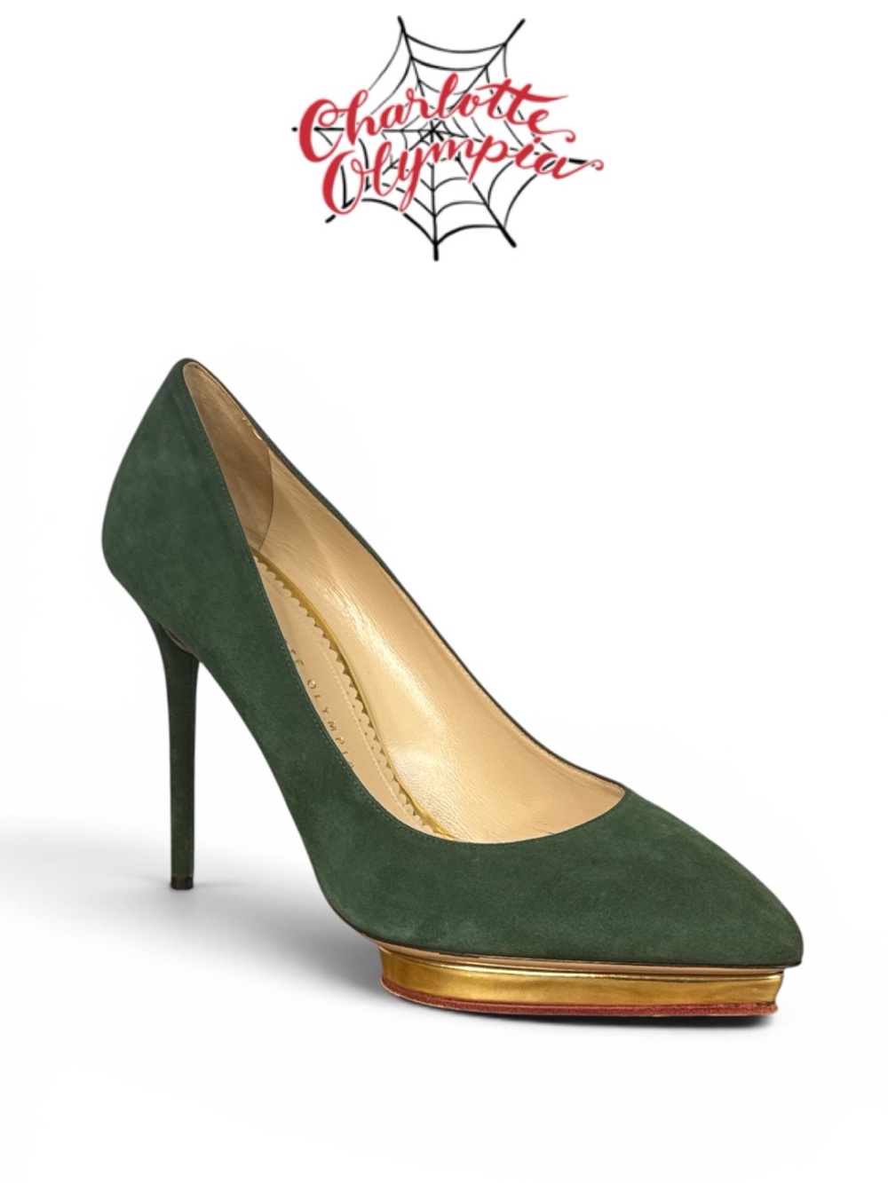CHARLOTTE OLYMPIA DEBBIE EMERALD GREEN SUEDE HEELS GOLD HEART SHAPED PLATFORMS